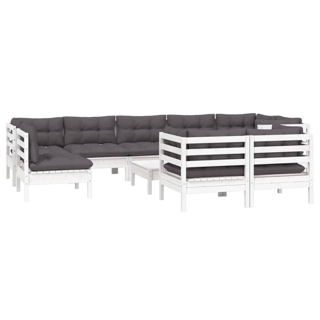 10-tlg. Garten-Lounge-Set mit Kissen Weiss Kiefer Massivholz